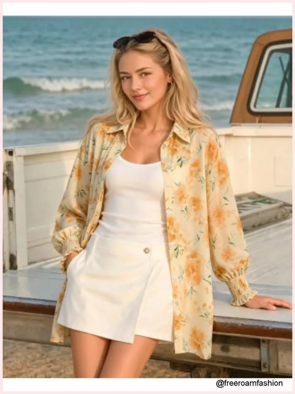 Boho Floral V Neck Button Down Blouse Long Sleeve Smocked Cuffs